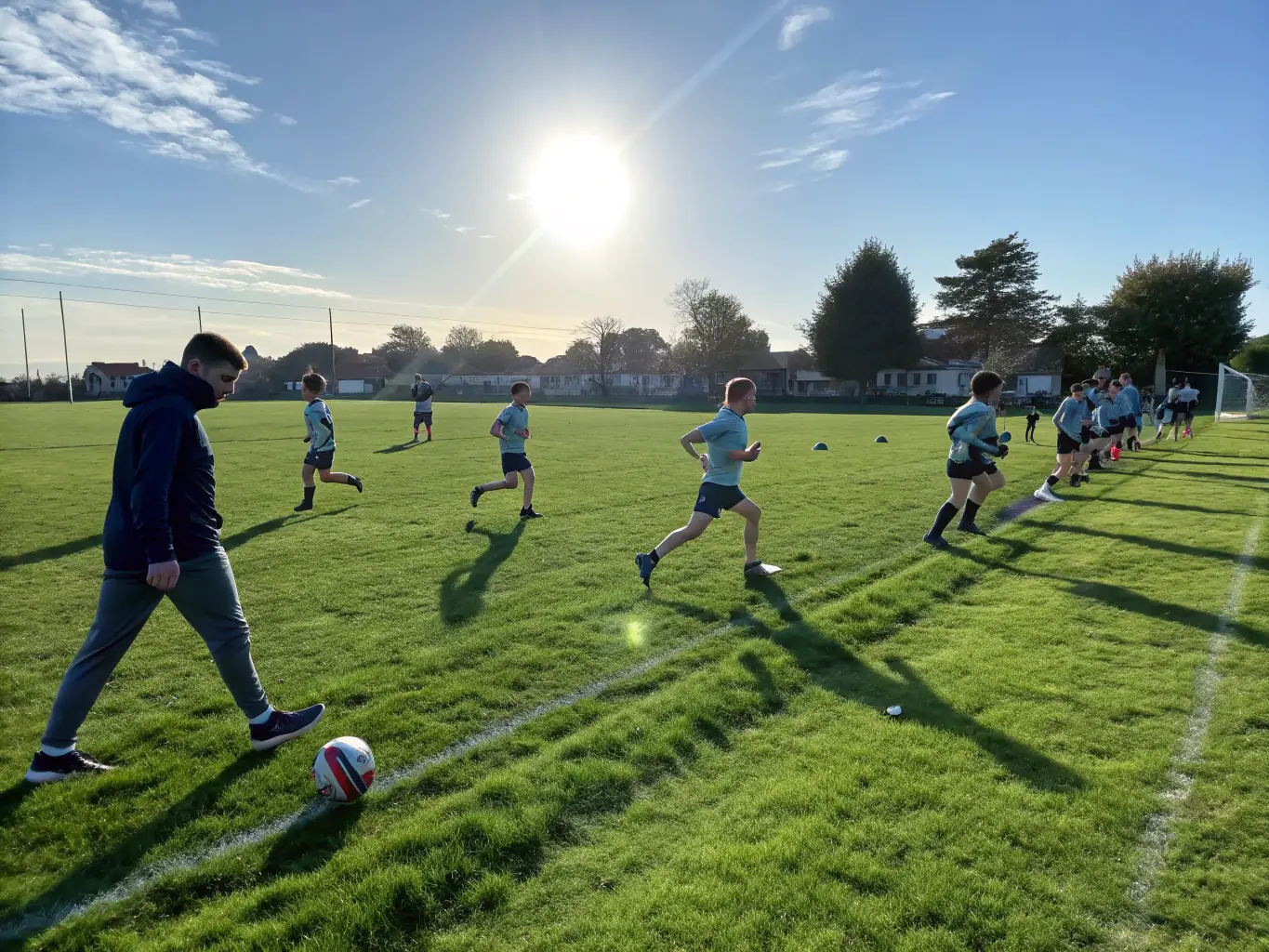 A dynamic image of staff members participating in a sports activity, such as a soccer game or a fun run. The participants are wearing sports attire and are actively engaged in the activity, showcasing energy and enthusiasm.