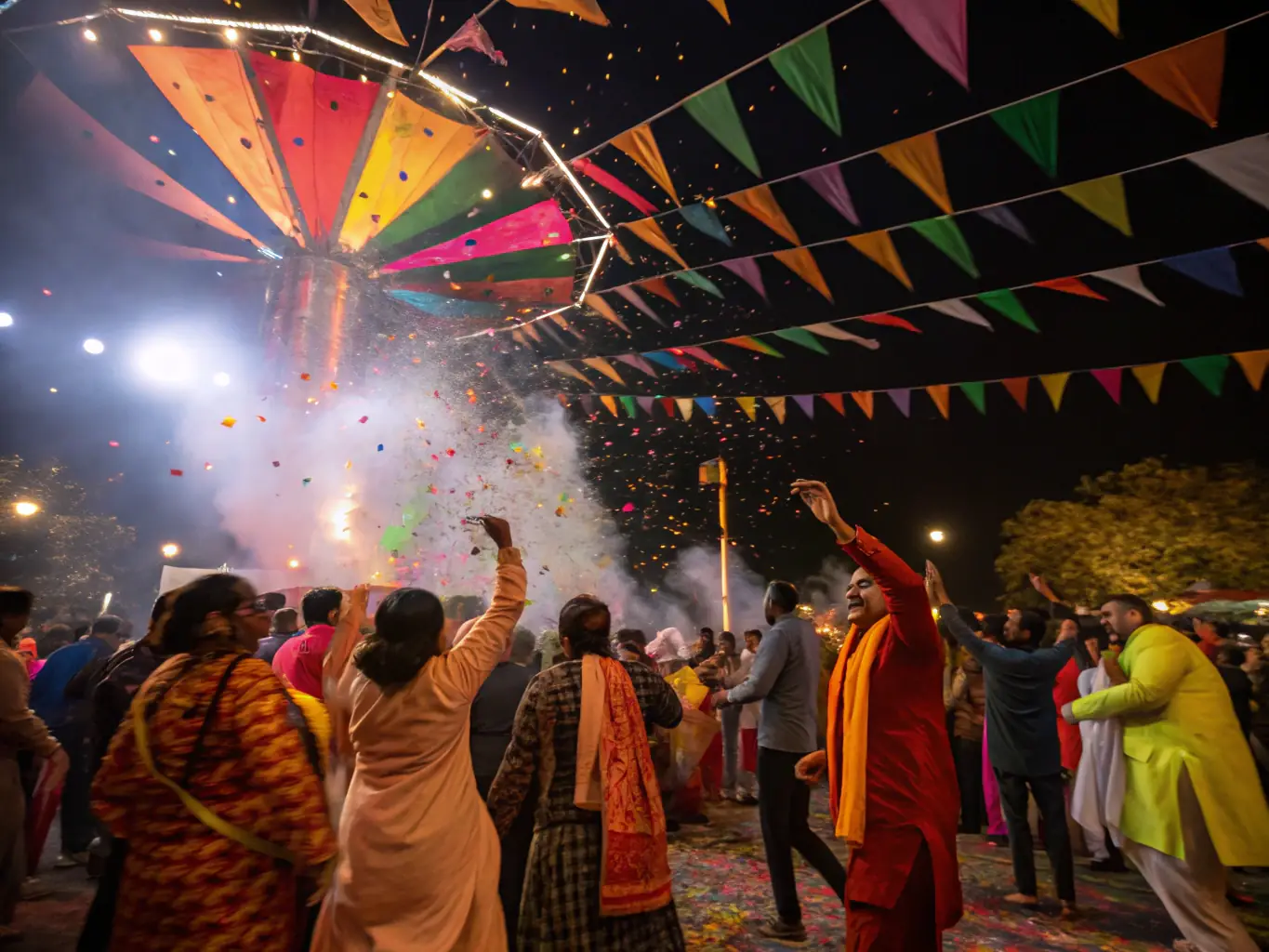 A group of diverse staff members and their families joyfully participating in a cultural festival, showcasing traditional clothing, music, and dance, symbolizing the organization's commitment to cultural exchange and community spirit.