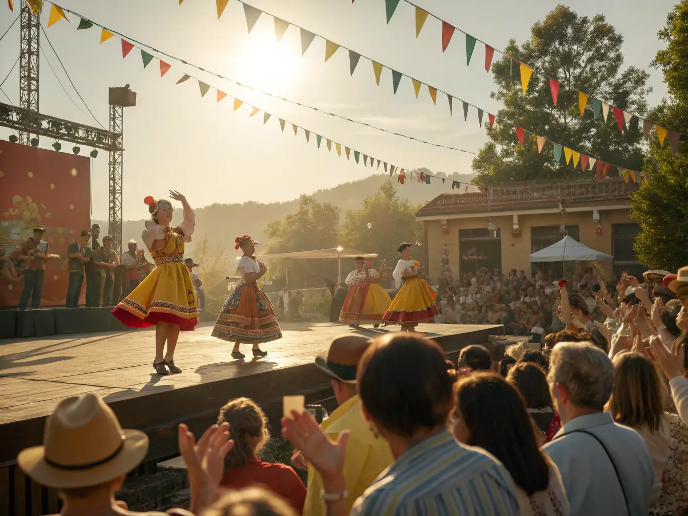 A photograph of a cultural event showcasing traditional music and dance, with staff members and their families enjoying the performance, representing the cultural activities program.
