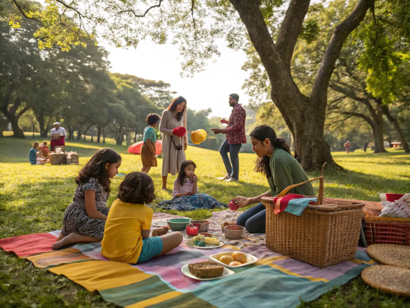 A group of staff members and their families participating in a social gathering, with food, games, and conversations, representing the social activities program.