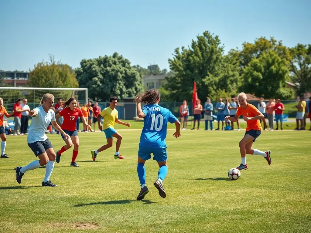 A photograph showing staff members participating in a sports activity, such as a friendly soccer match or a group hike, organized by LES PERSONNELS DU HANDICAP DE LA COHESION SOCIALE ET DU SECRETARIAT. The image should highlight the physical activity and camaraderie among participants.