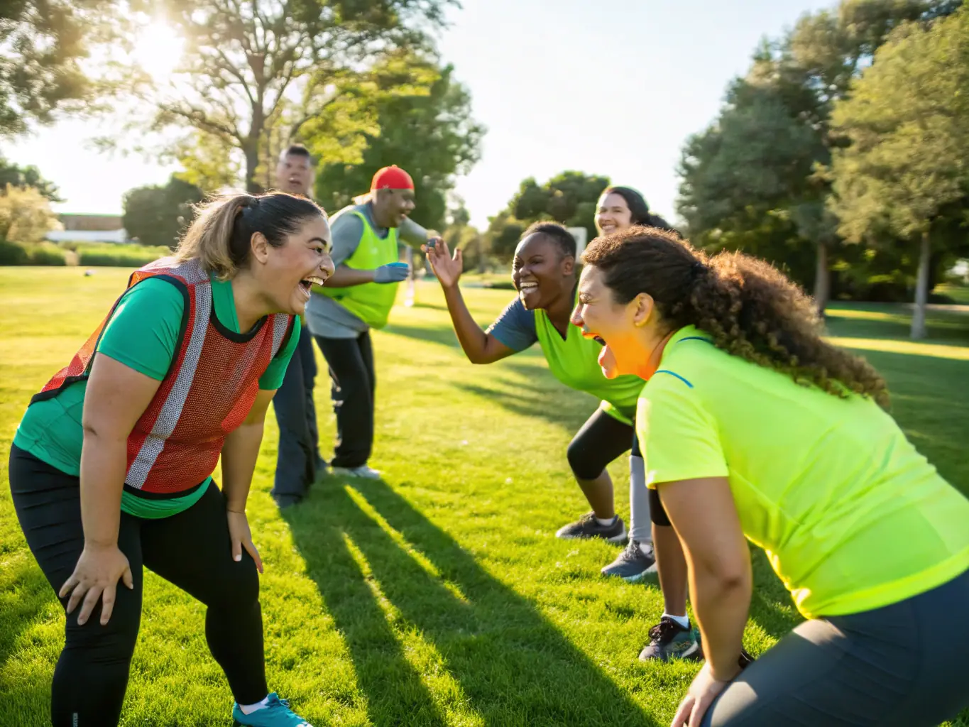 A group of staff members participating in a team-building exercise outdoors, smiling and engaged in a physical activity, representing the sports activities program.