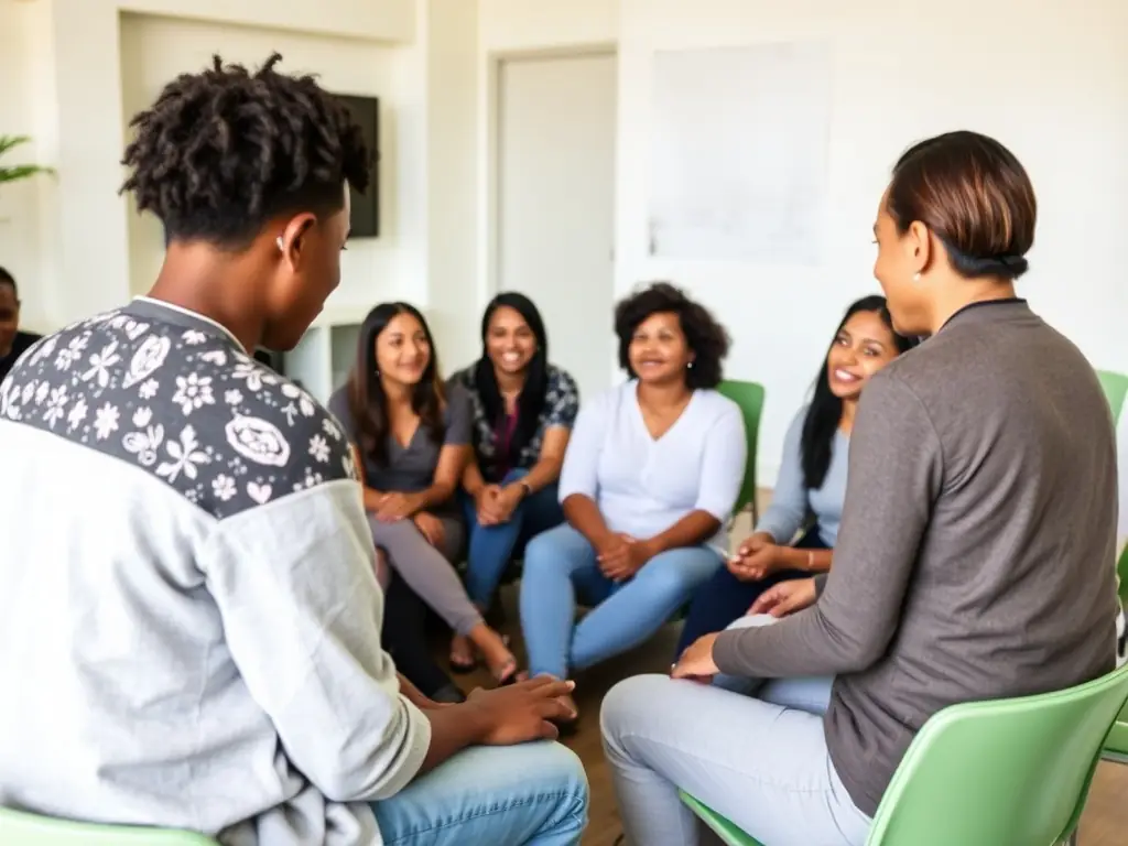 A photograph depicting a support group meeting or workshop organized by LES PERSONNELS DU HANDICAP DE LA COHESION SOCIALE ET DU SECRETARIAT, where staff members are sharing experiences and providing mutual support. The image should convey a sense of empathy, understanding, and solidarity.