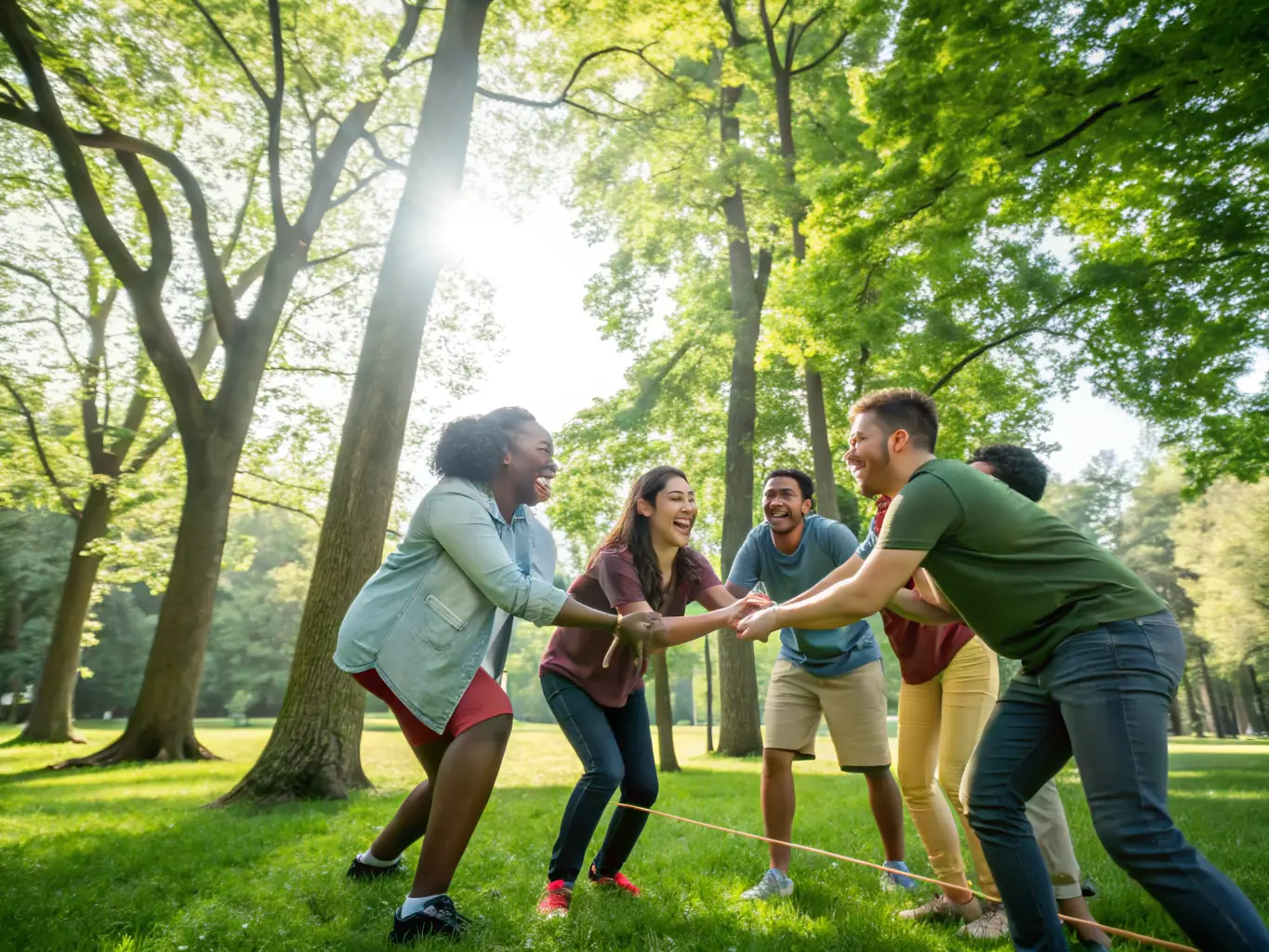 A group of staff members participating in a team-building exercise outdoors, smiling and engaged in the activity. The background shows a park setting with trees and open space.