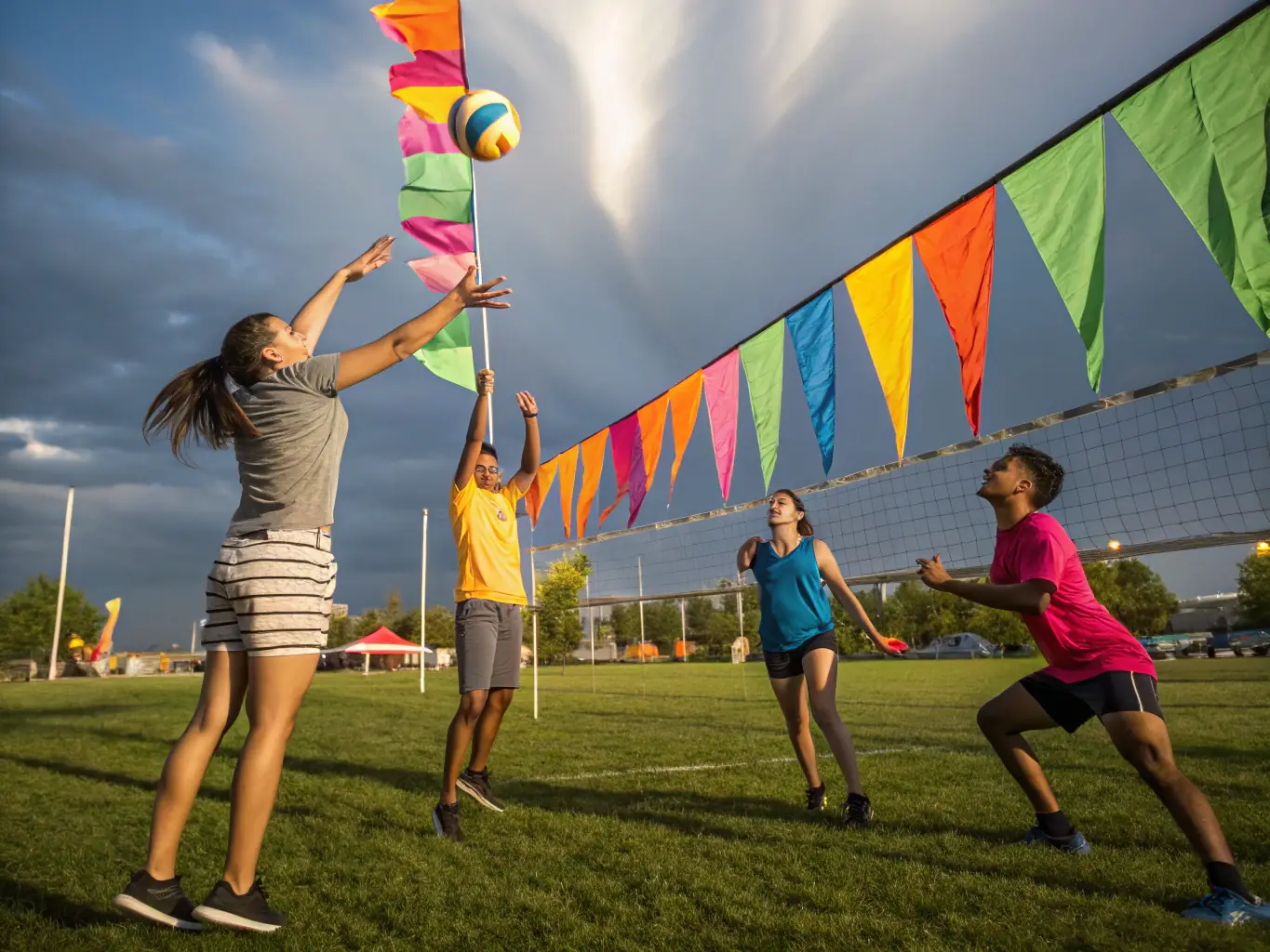 A dynamic image of staff members participating in a team sports activity, such as volleyball or soccer, outdoors, emphasizing the organization's focus on promoting active and healthy lifestyles.